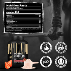 Animal 100% Whey strawberry ingredients with BCAAs supporting muscle repair.