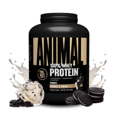Animal 100% Whey tub front highlights premium protein for lean muscle support.