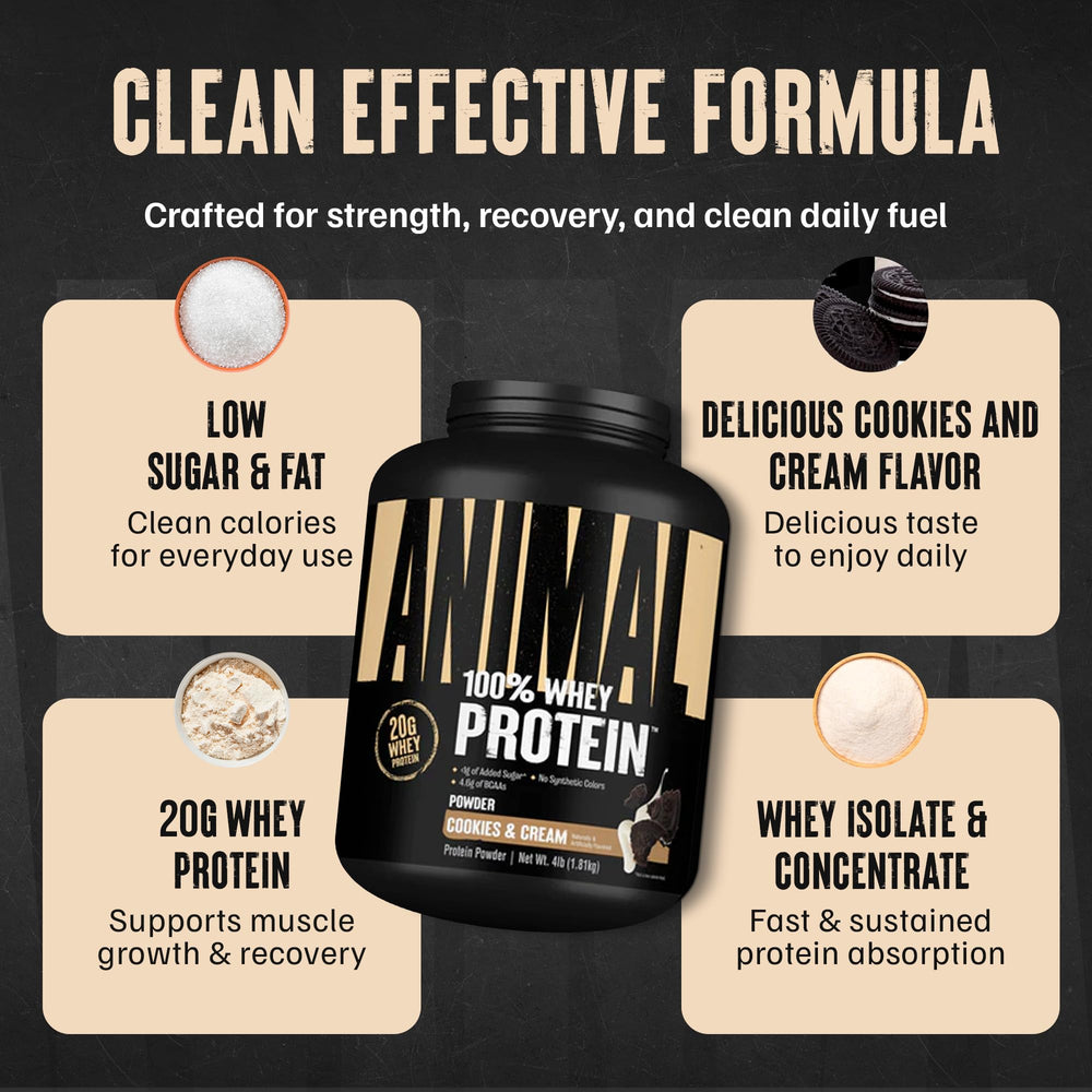 Animal 100% Whey vanilla powder offers versatile breakfast option.
