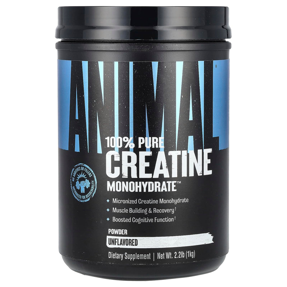 Animal Creatine Micronized powder jar, unflavored, ready for workouts.