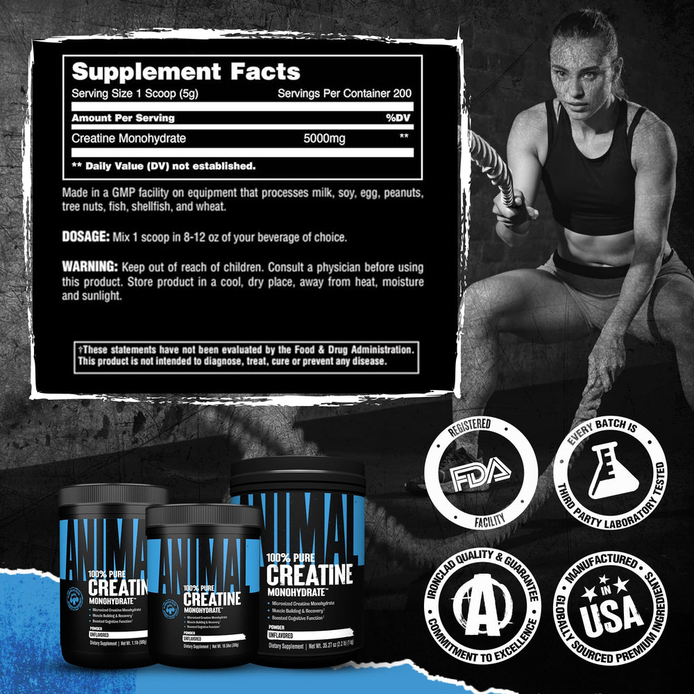 Animal Creatine Monohydrate powder at athlete pre-workout routine.