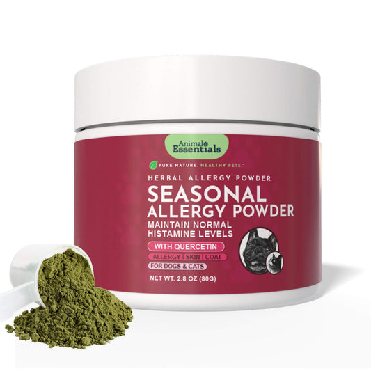 Animal Essentials Seasonal Allergy Powder bottle showing gentle support for itchy skin.