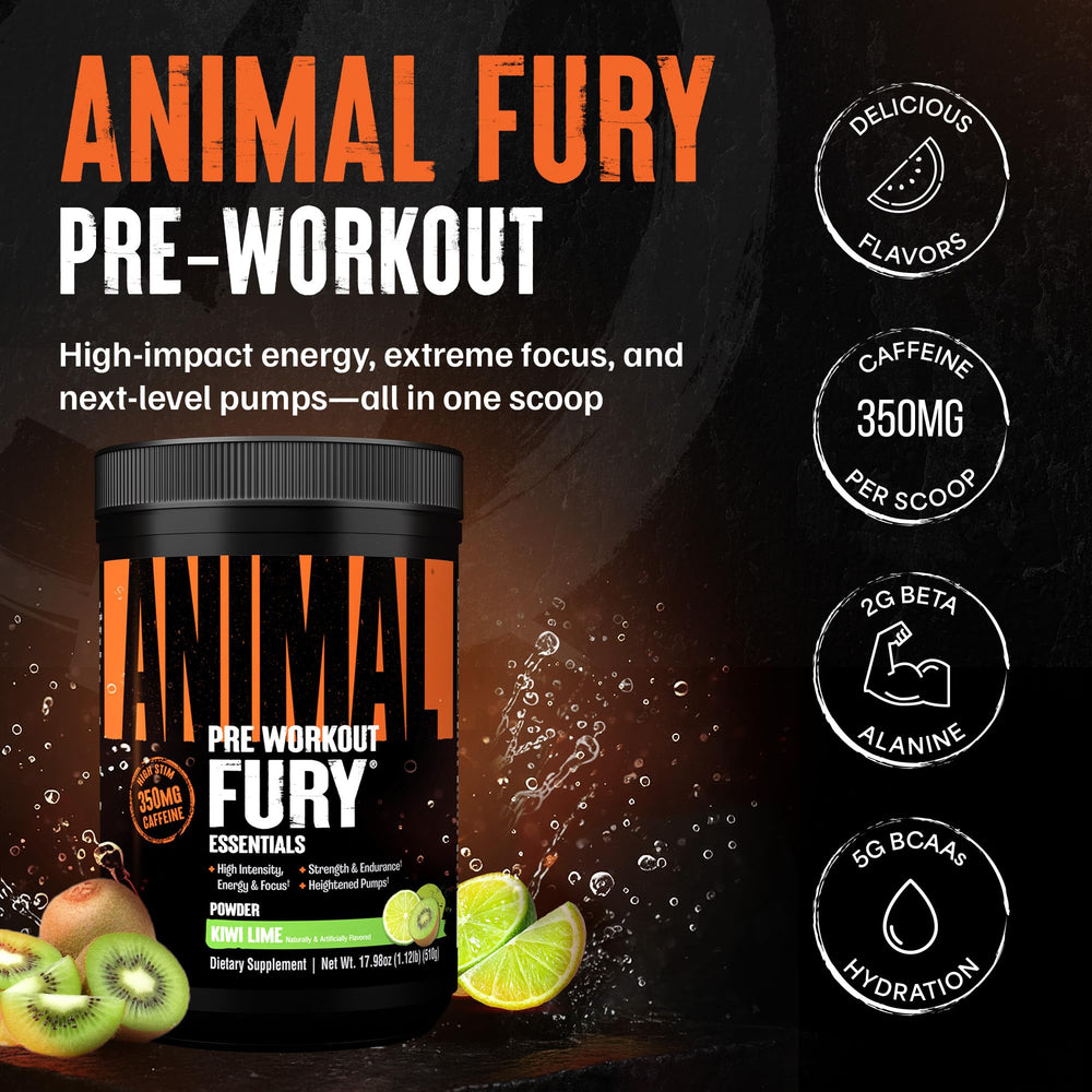 Animal Fury scoop beside bottle for precise pre-workout dosing.