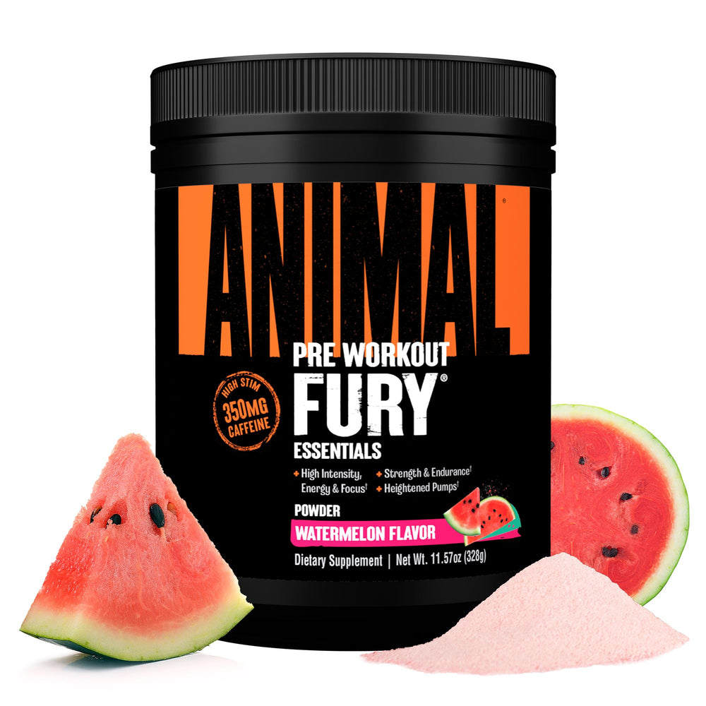 Animal Fury Watermelon pre-workout powder canister showing bold flavor and energy potential.