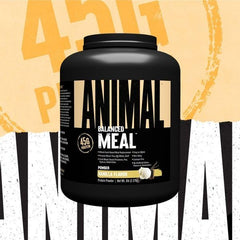 Animal Meal protein blend close-up with scoop shows 46g protein per serving.