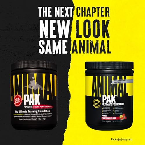 Animal Pak powder being poured for convenient daily use and energy support.
