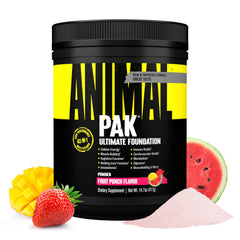 Animal Pak tub and scoop showing complete daily nutrition for athletes.