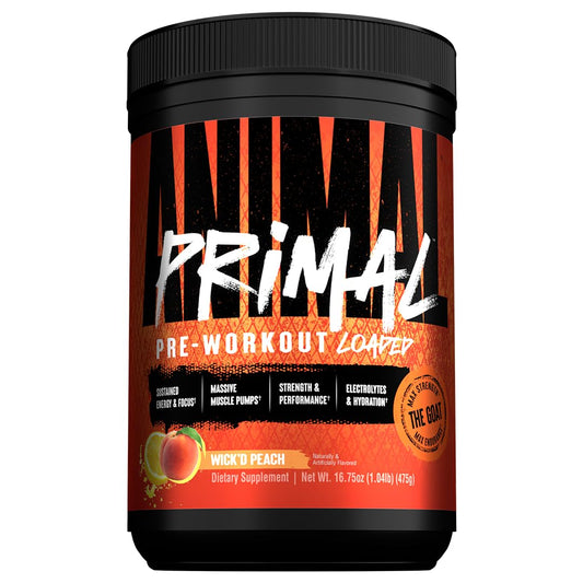 Animal Primal tub front with Wickd Peach flavor for energy and hydration.