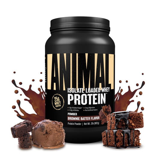 Animal Whey Isolate brownie batter powder — smooth texture and 25g protein per serving for recovery.