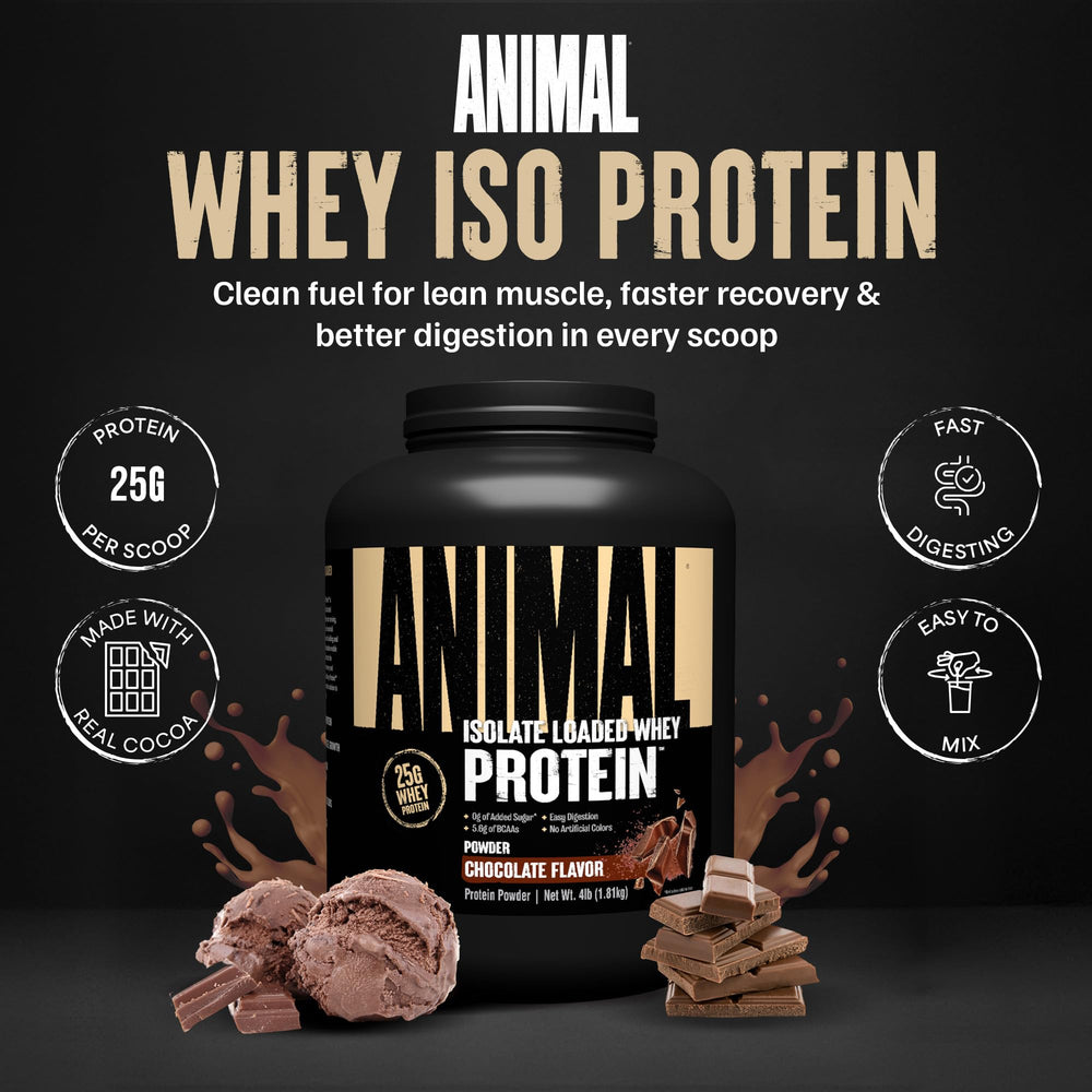 Animal Whey Isolate chocolate scoop — convenient daily protein for pre-workout fueling