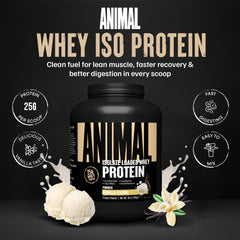 Animal Whey Isolate scoop in glass demonstrating fast-absorbing protein for workouts.
