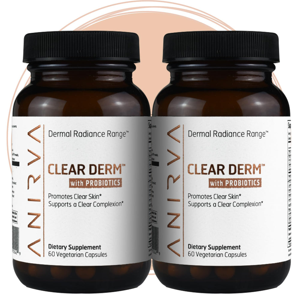 ANIRVA Clear Derm bottle front showing probiotic blend for clear skin.