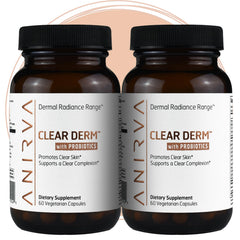 ANIRVA Clear Derm bottle front showing probiotic blend for clear skin.