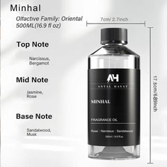 ANTAL HAYAT Minhal label closeup shows premium diffuser oil branding for quality notes.