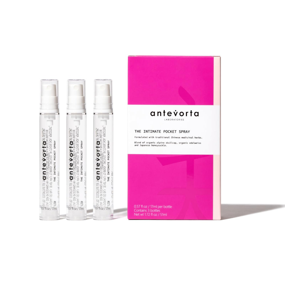 Antevorta Intimate Pocket Spray Set bottle close-up with a hydrating on-the-go mist for daily comfort