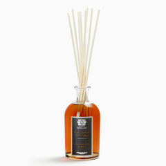Antica Farmacista diffuser bottle showing sandalwood and amber for a warm living room.