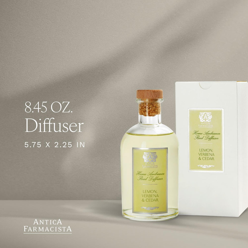 Antica Farmacista reed diffuser assembly with elegant reeds delivering lasting scent.