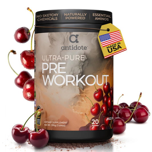 Antidote Clean Pre-Workout bottle in wild cherry for clean energy.