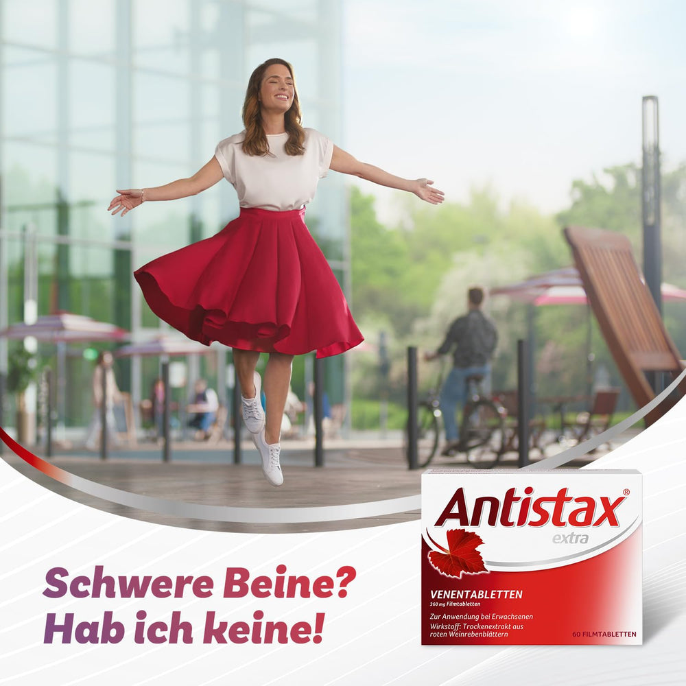 Antistax Extra Strength 90 tablets packaging with leaf motif, premium herbal option.