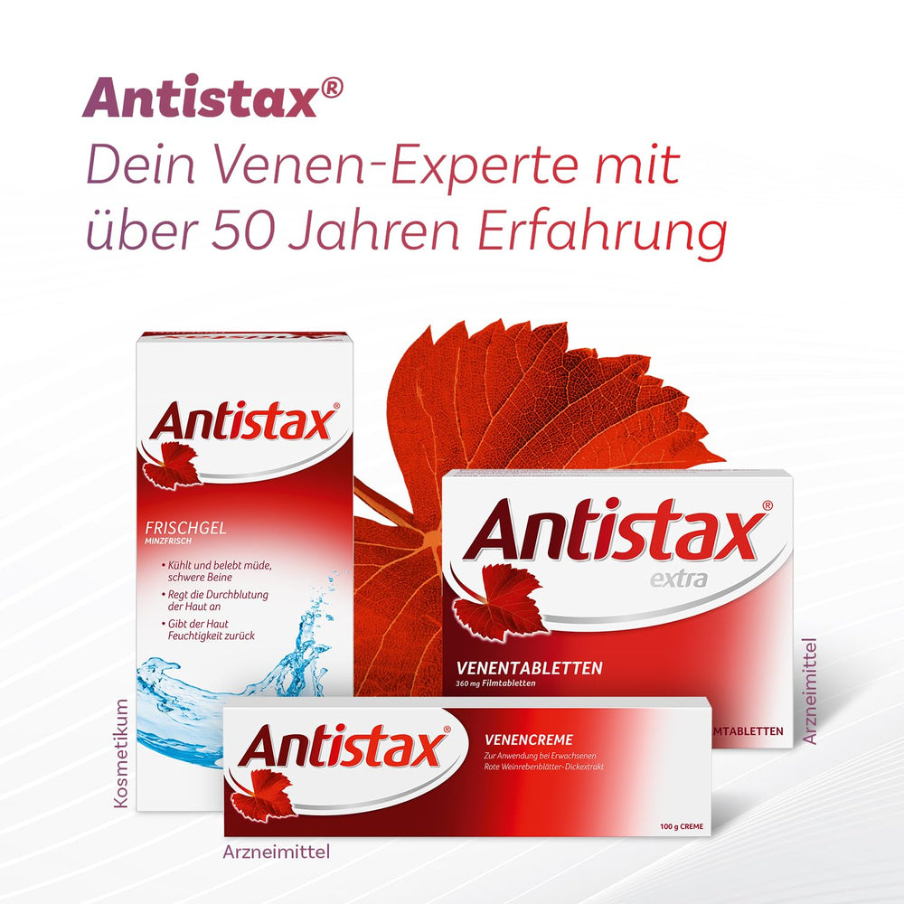 Antistax leaf illustration on packaging, emphasizes natural plant-based daily wellness.