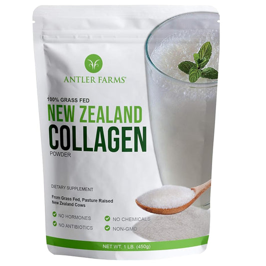 Antler Farms collagen powder jar on a kitchen counter, pure grass-fed protein source.