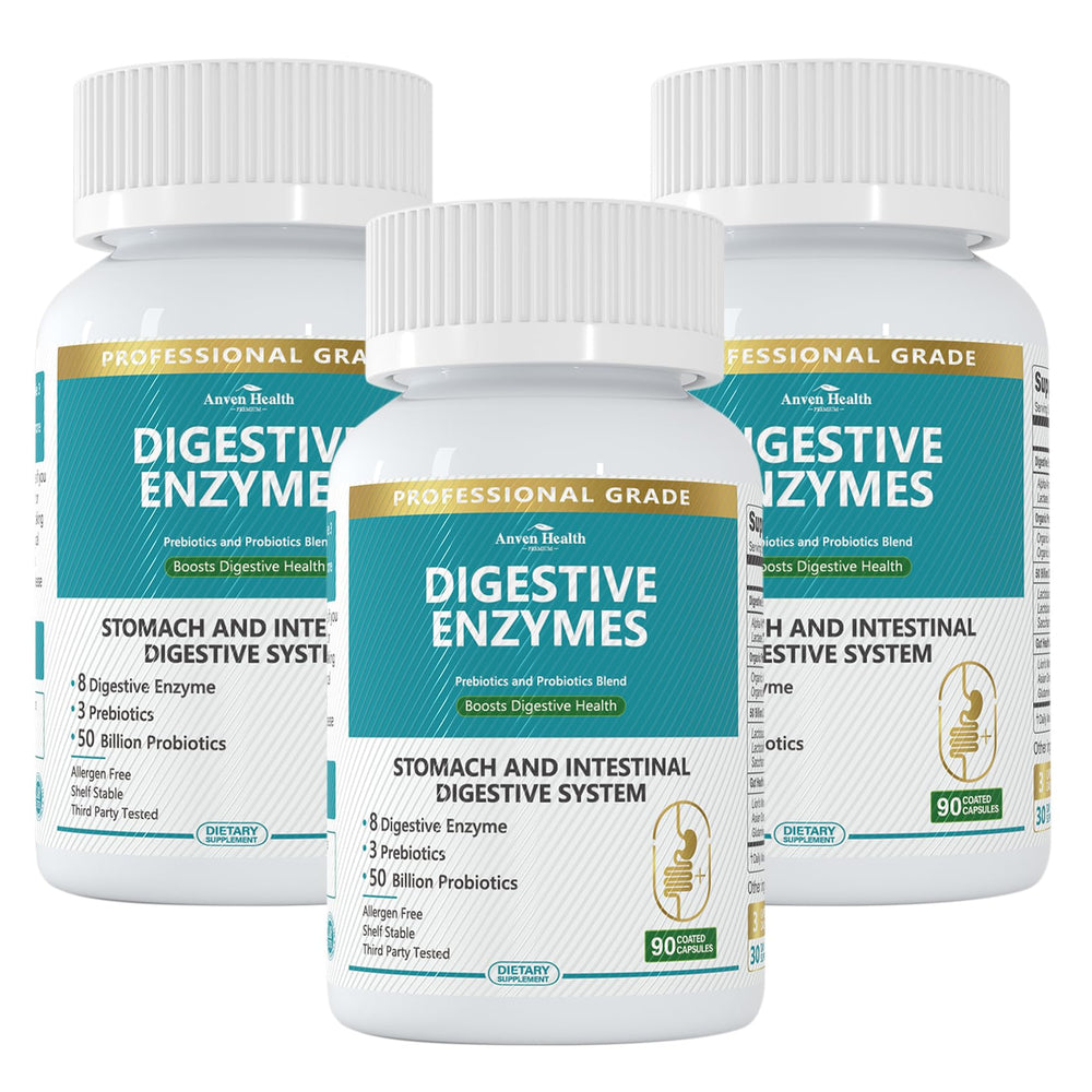 Anven Health 800mg digestive enzymes bottle supports comfortable digestion after meals.