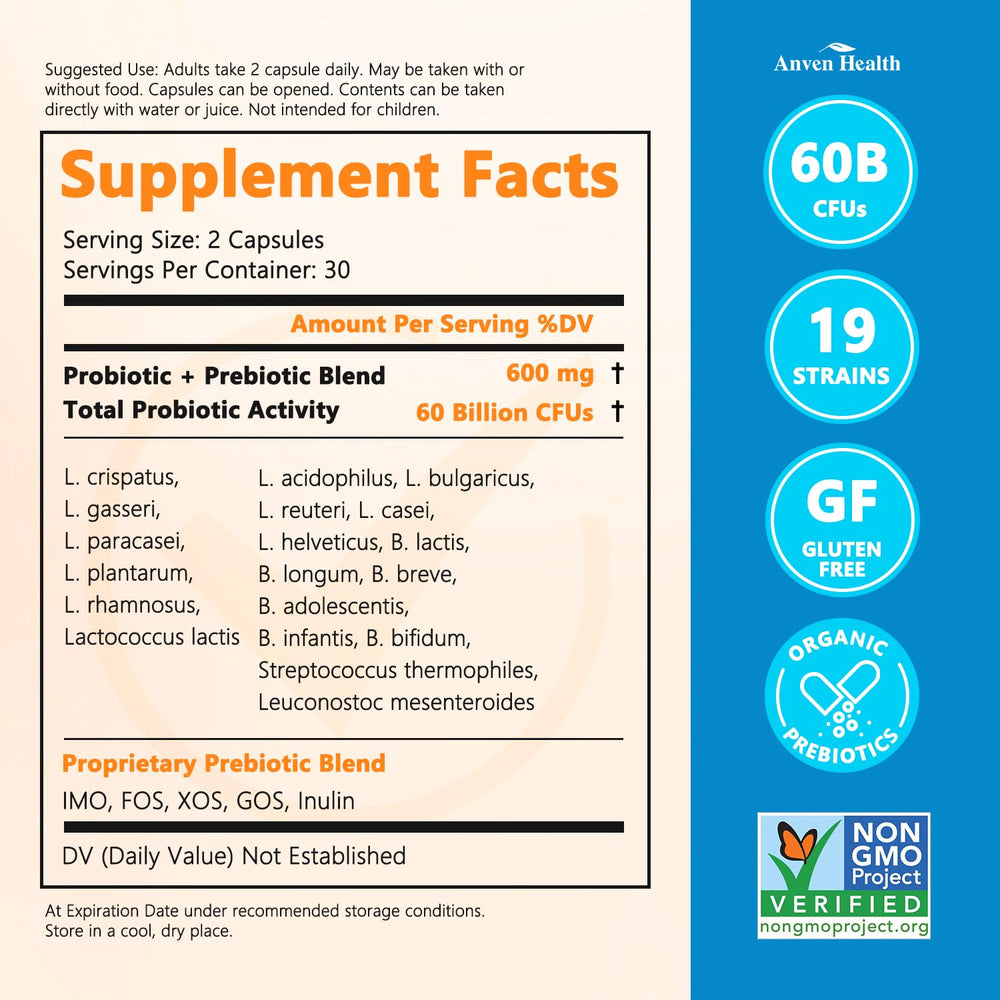 Anven Health bottle back label highlights ingredients for digestive balance.