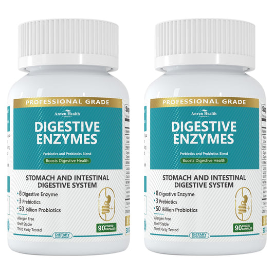 Anven Health digestive enzymes bottle demonstrates a full-spectrum blend for gut comfort.