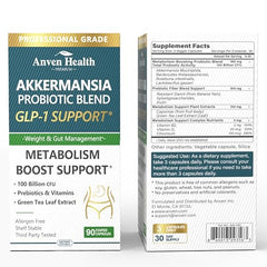 Anven Health GLP-1 label close-up showing Akkermansia and potency