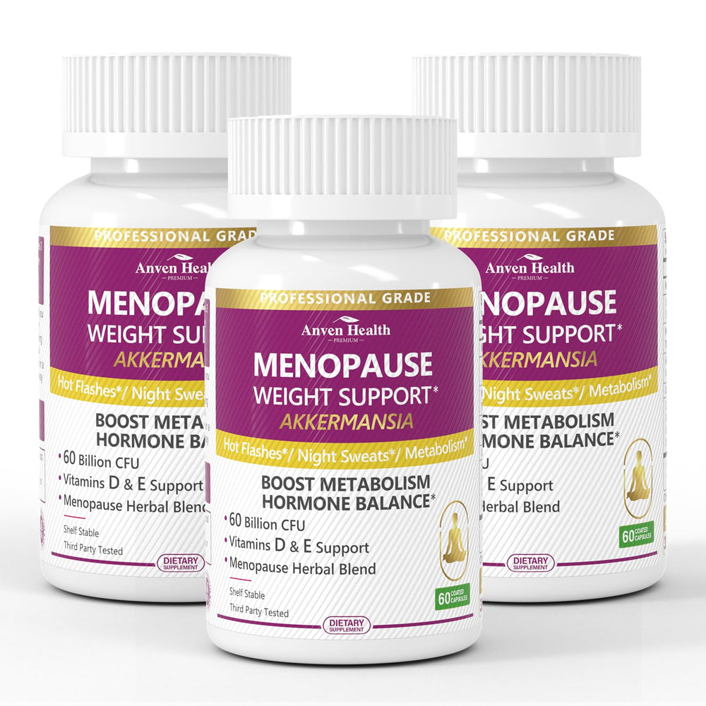 Anven Health Menopause bottle front label highlighting 60B probiotic formula for gut support