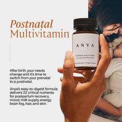 ANYA postpartum capsules closeup highlighting bioavailable vitamins for energy.