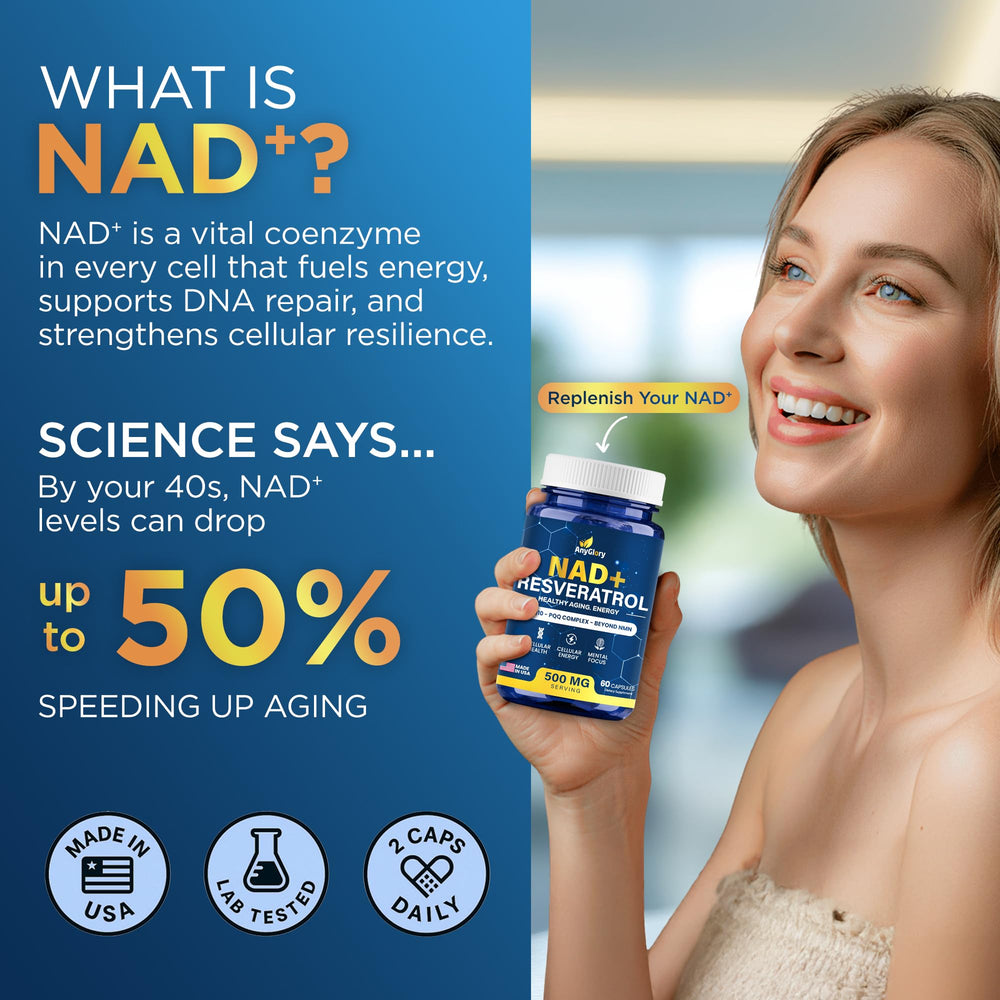 Anyglory NAD+ B12 vitamin bottle; energizing metabolic support.