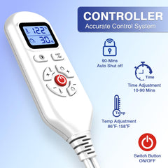 AOBOCO wrist heating pad wrap showing heat settings and timer for customizable therapy.