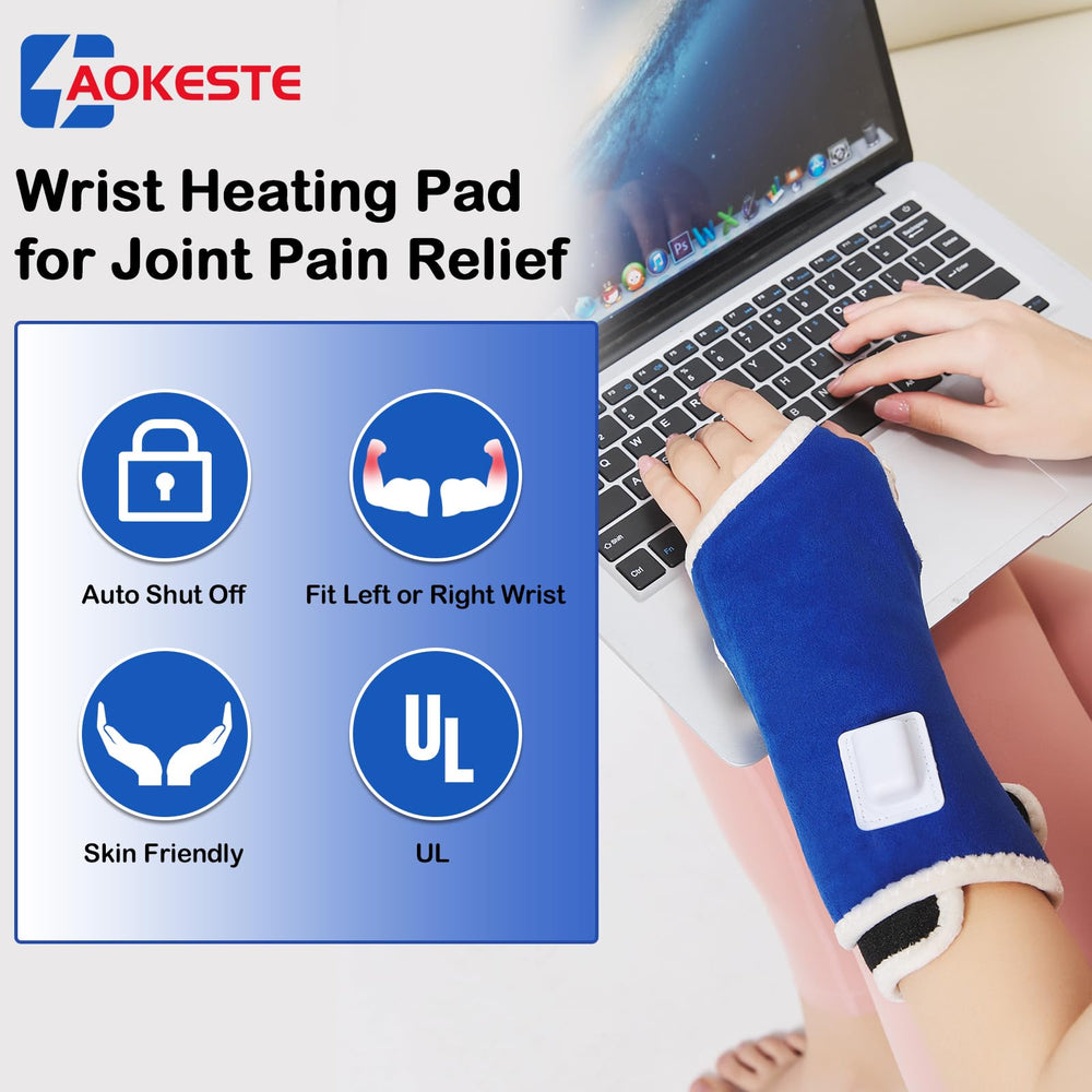 AOKESTE wrist heating pad showing adjustable temperature control for personalized comfort.