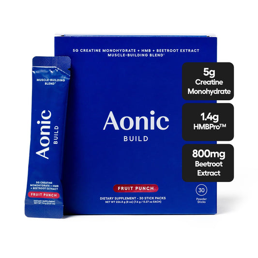 AONIC Build 3-in-1 creatine powder stick pack ready to mix during workouts.