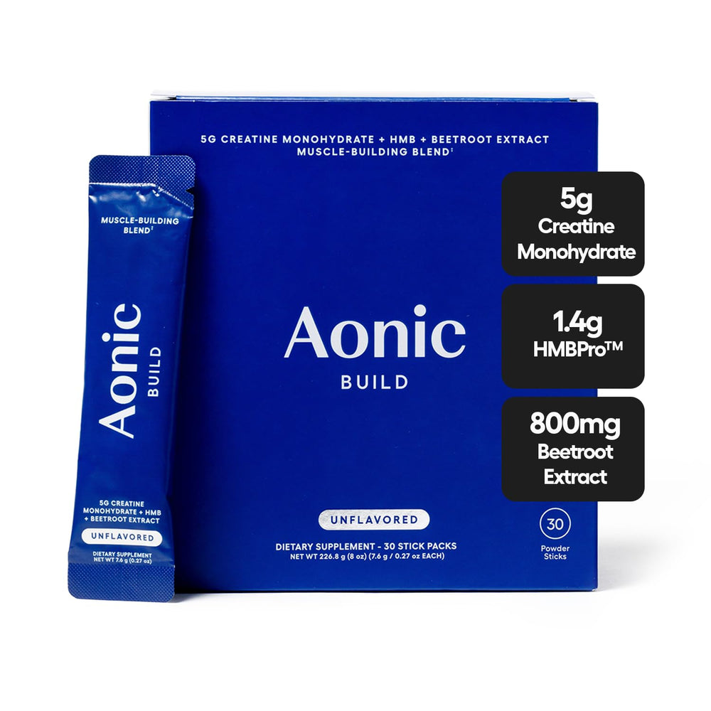 AONIC Build 3-in-1 creatine powder sticks pack, ready for workouts.