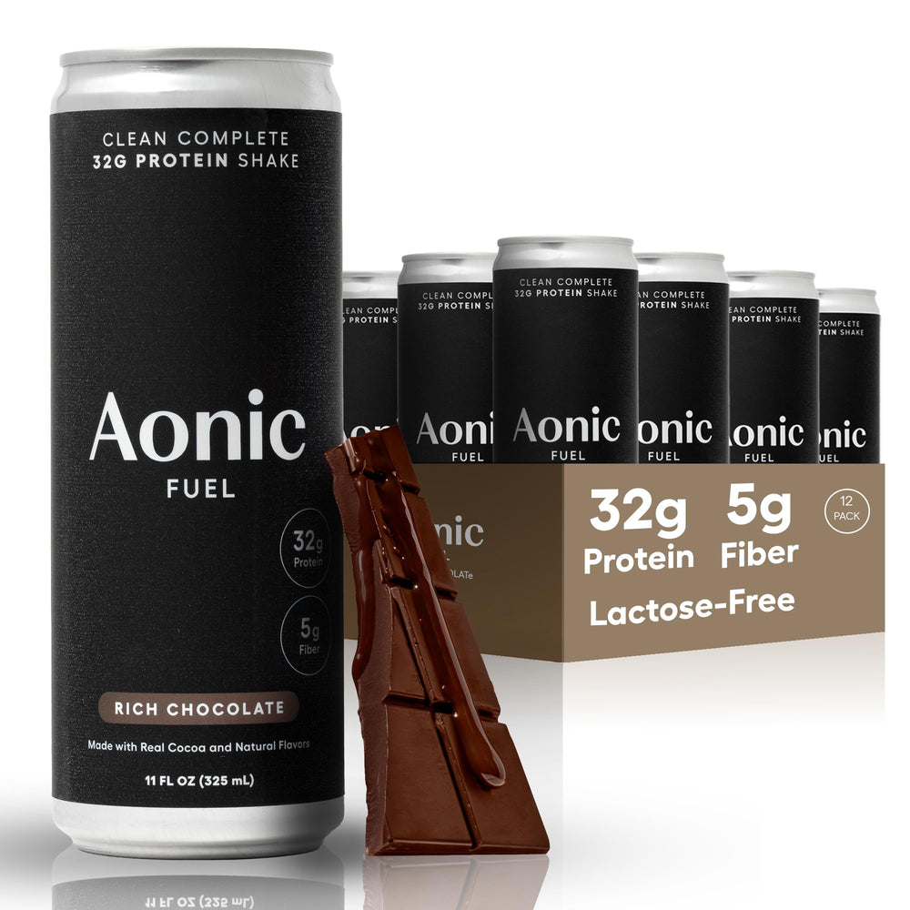 Aonic Fuel rich chocolate bottle showing lactose-free protein benefits for daily fueling