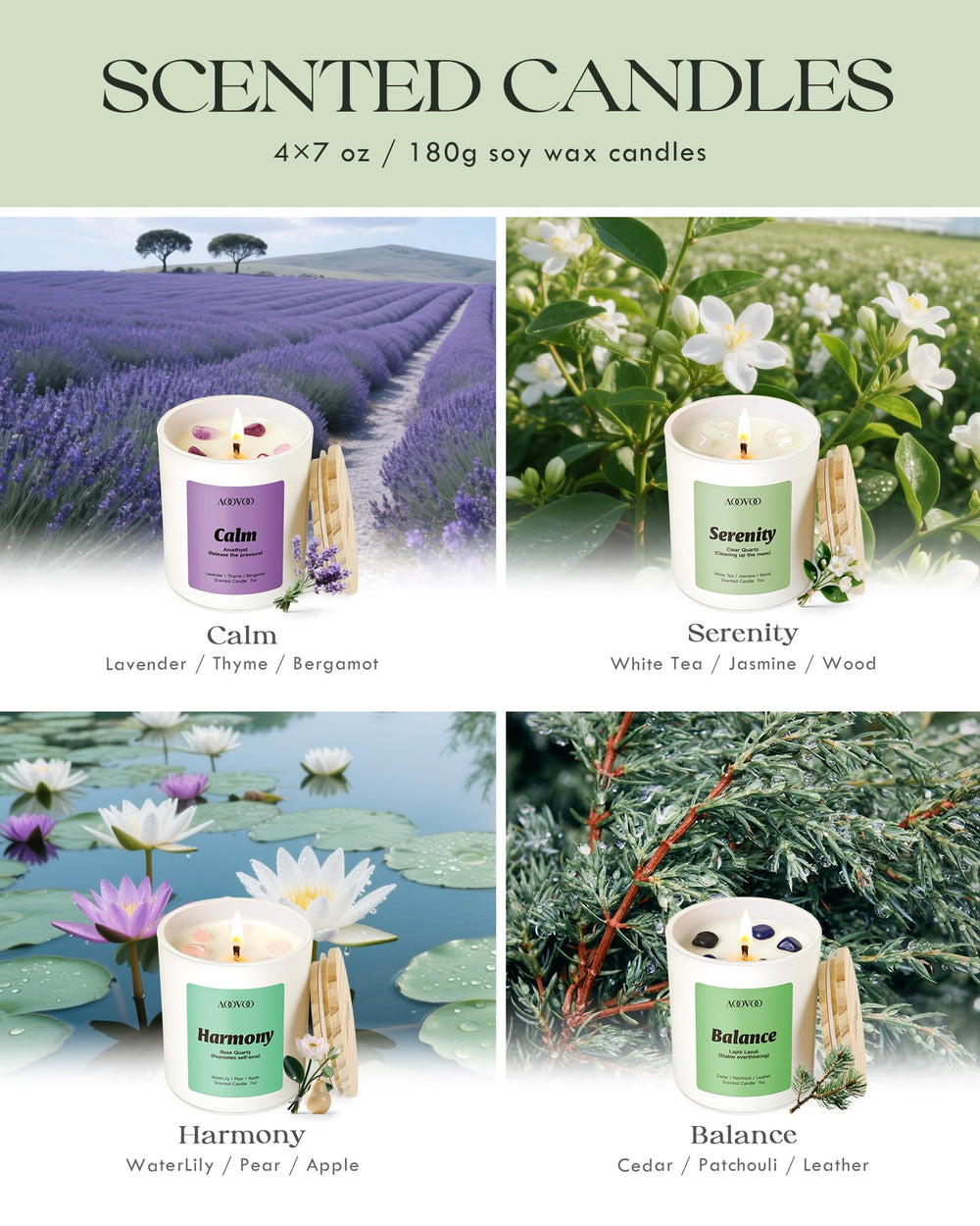 AOOVOO Patchouli Balance candle with Lapis Lazuli anchors grounding energy.