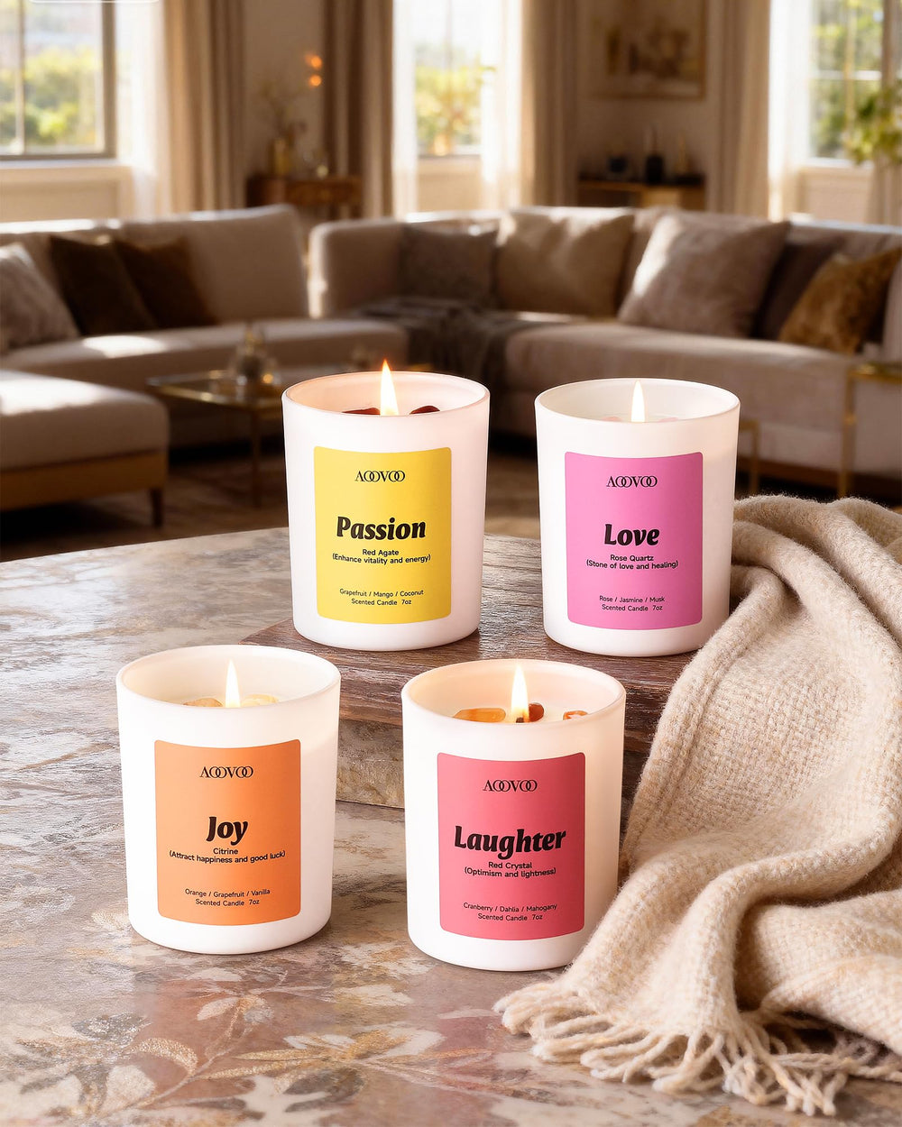 AOOVOO Energy Candles Love Rose Quartz with Rose Jasmine for emotional balance at night.
