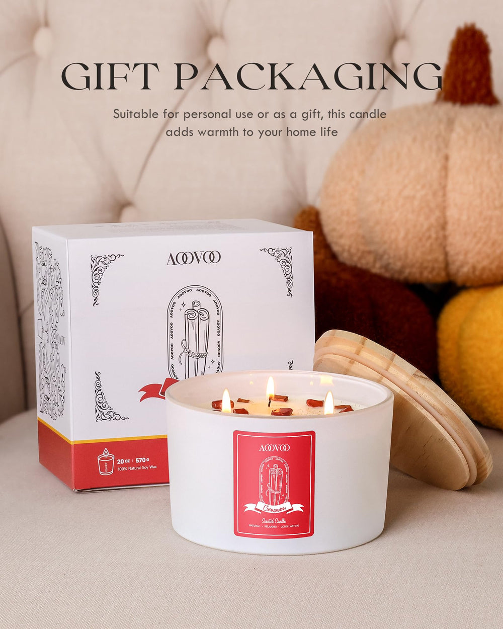 AOOVOO apple cinnamon candle creates cozy living room ambiance.
