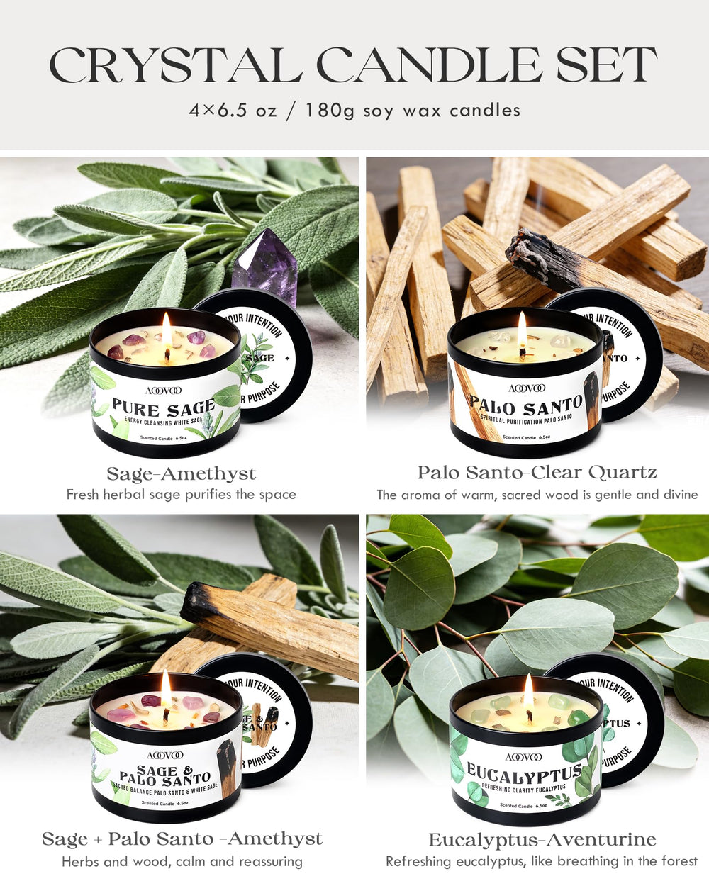 AOOVOO Sage and Palo Santo blend candle with crystals for balanced atmosphere