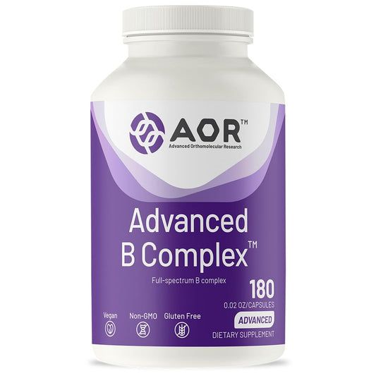 AOR Advanced B Complex capsules pack highlighting daily energy support.