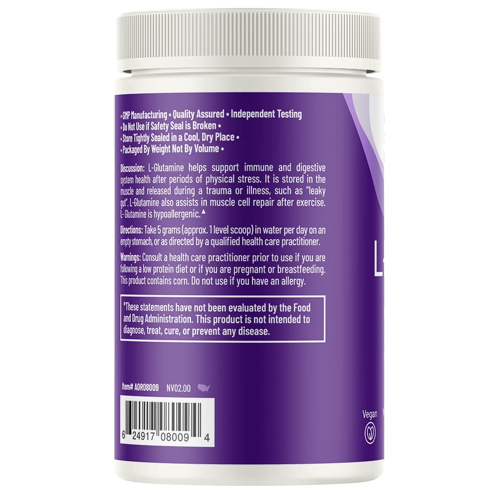AOR L-Glutamine powder being poured into a glass for daily wellness routine