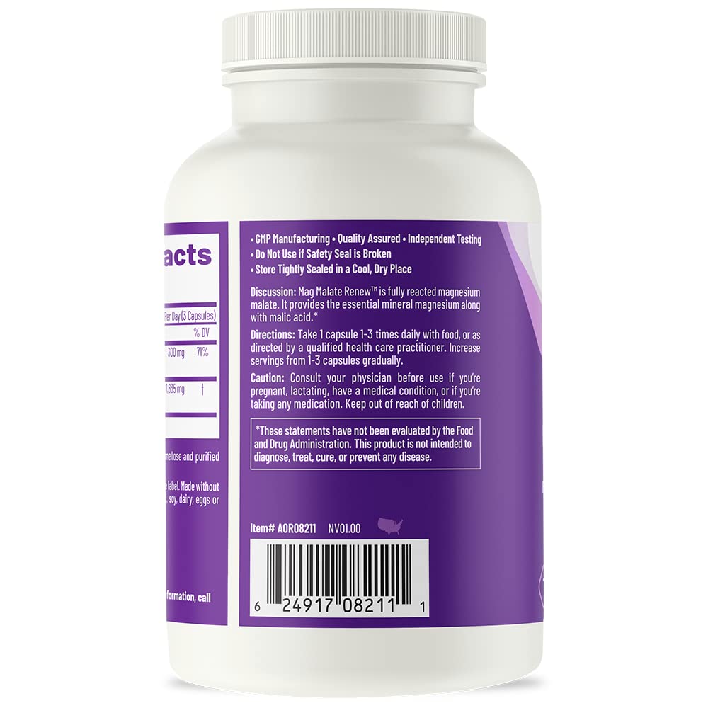 AOR Mag Malate Renew capsules being poured for everyday use and routine wellness