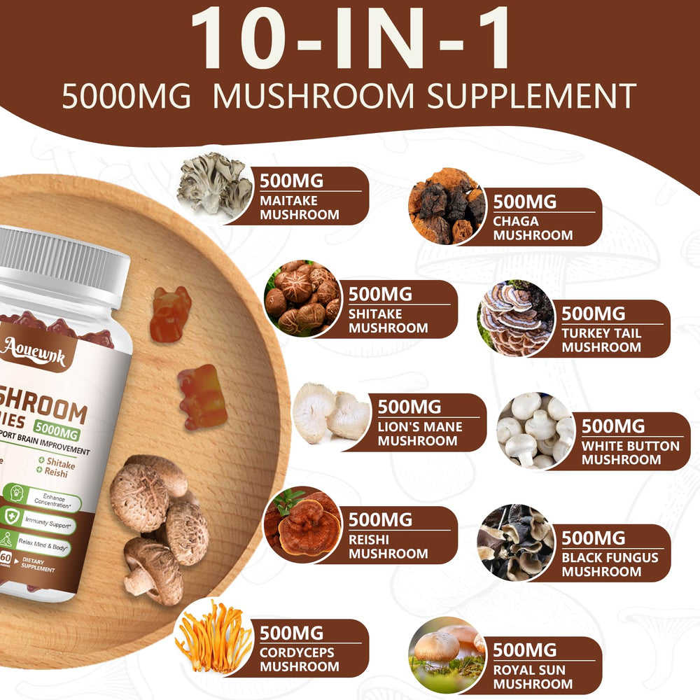 Aouewnk Mushroom Gummies label details the 10-mushroom blend for focus and balance.