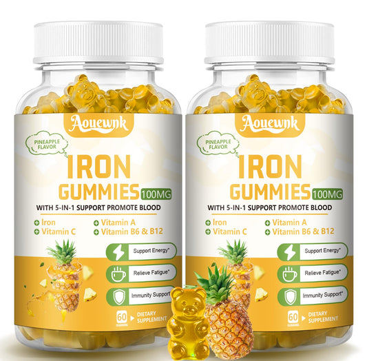 Aouewnk iron gummies bottle front view for daily energy support.