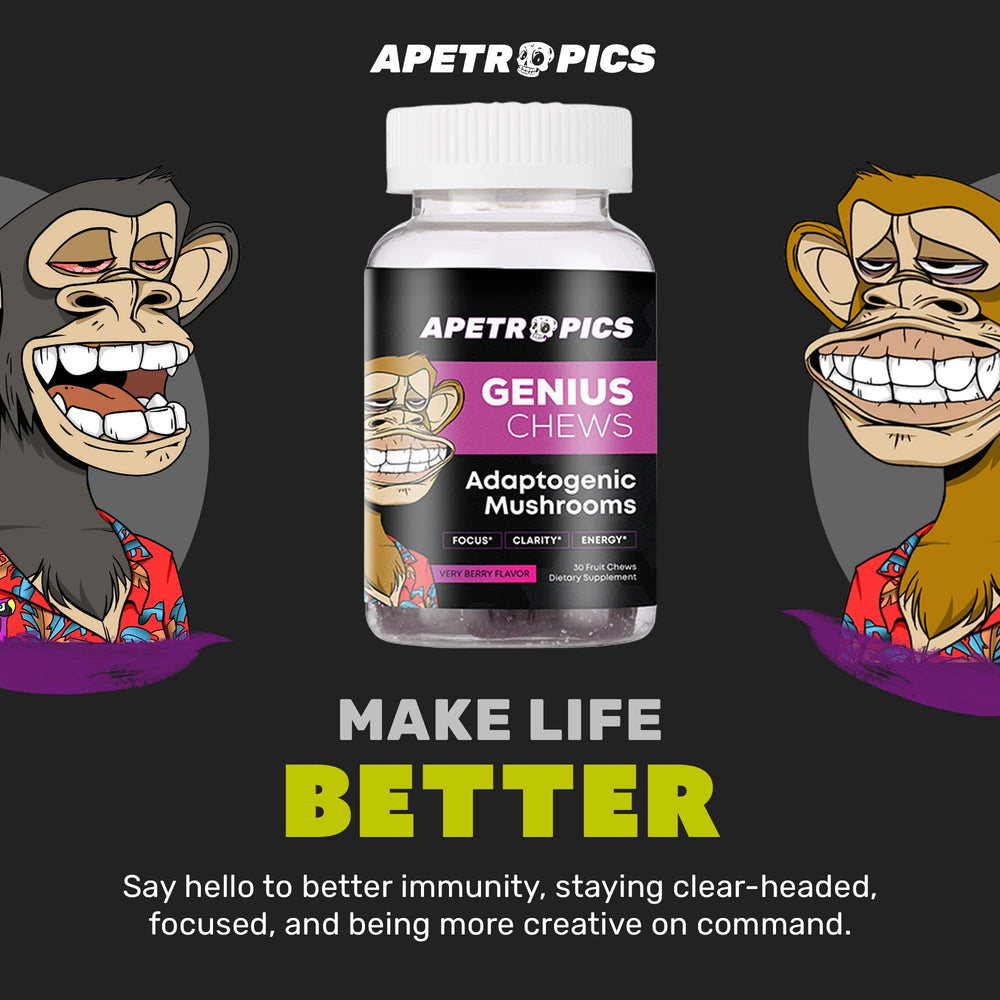 Apetropics Genius Chews serving idea with water and berries nearby.