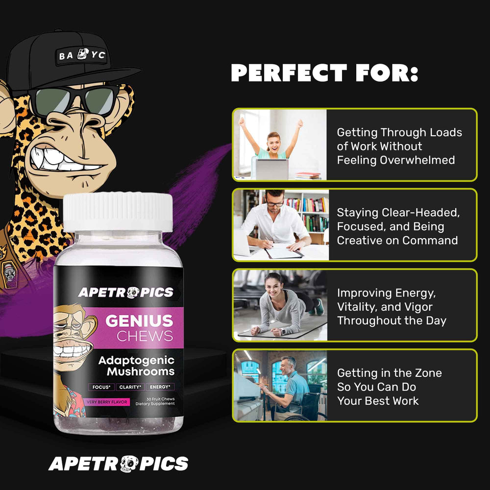 Apetropics Genius Chews vegan and gluten-free badge on packaging.