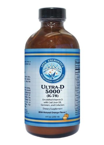Apex Energetics Ultra-D 5000 bottle emphasizes emulsified vitamin D with cod liver oil for daily wellness