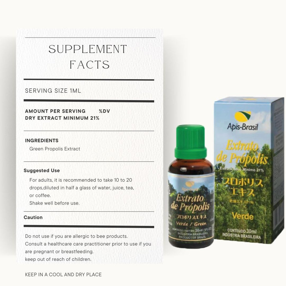 ApisBrasil green propolis bottle with packaging highlighting purity and natural sourcing.